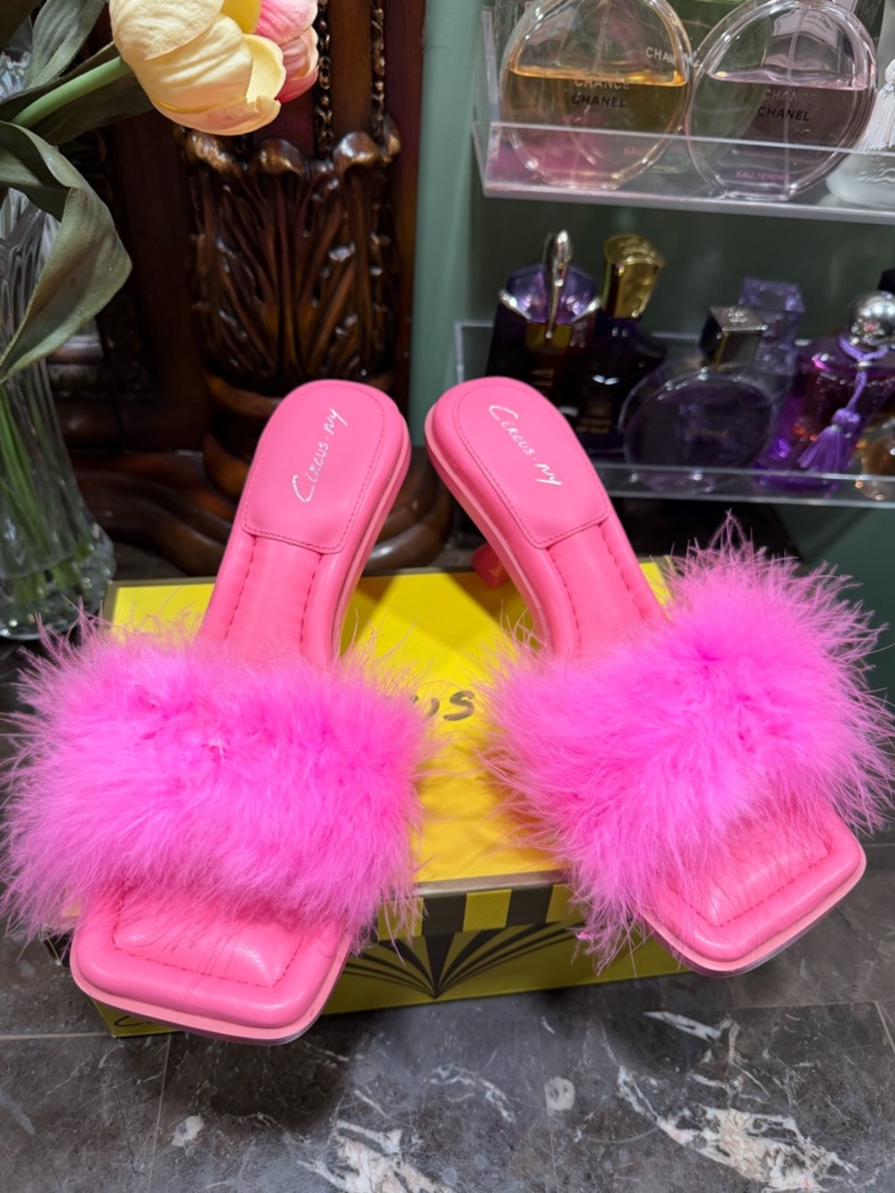 Hot Pink Feather Trim Slide Mules